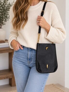 THACKER Black Leather Crossbody Bucket Bag Gold Hardware